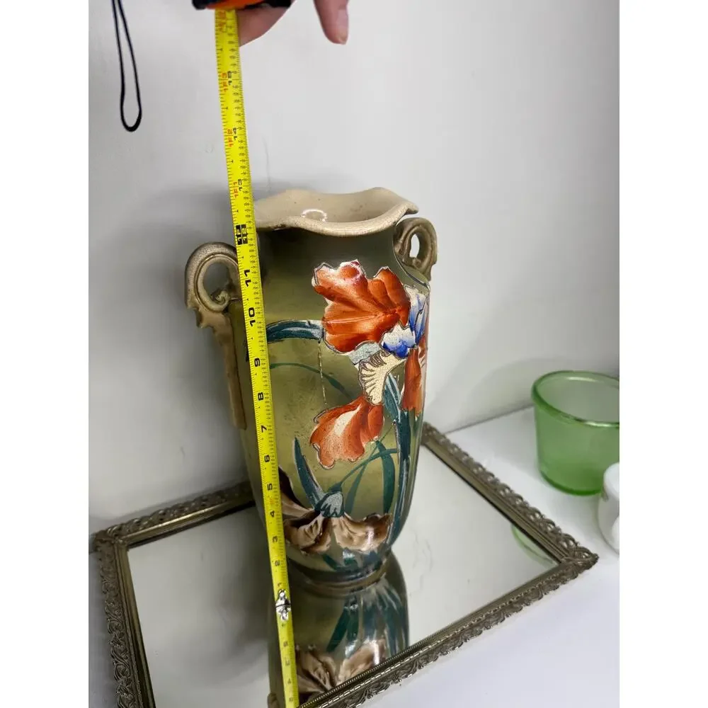 Stunning Large Antique Asian Handpainted Pottery Vase Ruffle Rim Handles Raised